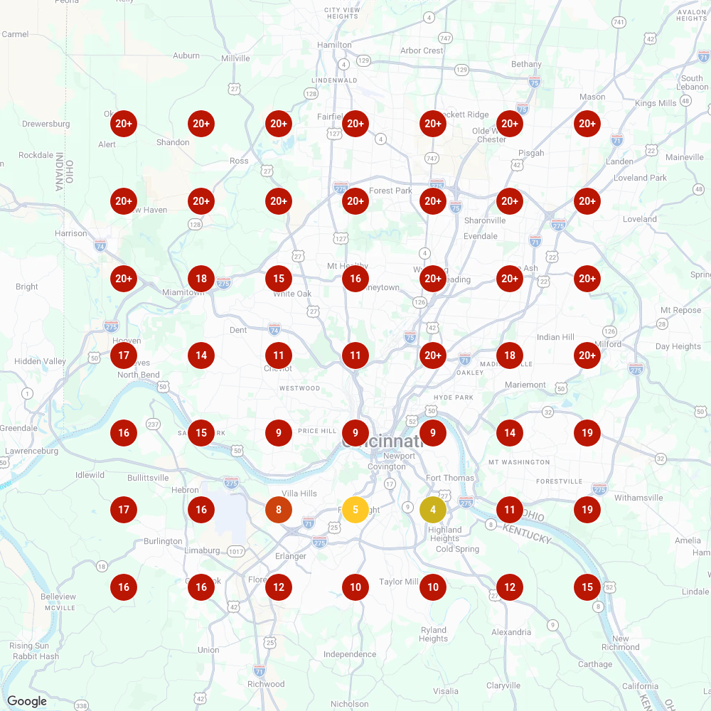 Local Falcon grid for 'sell my house fast' showing CVG Home Buyers ranking 9 to 20+ across the county