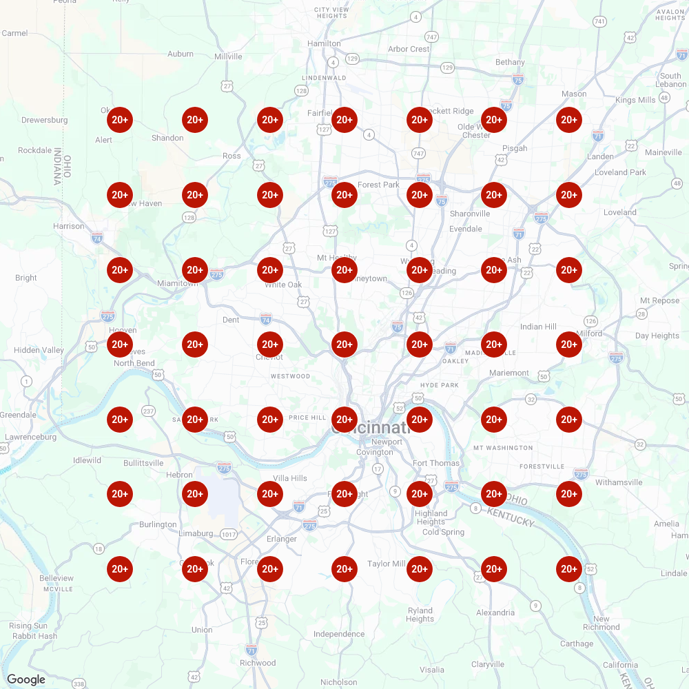 Local Falcon grid for 'we buy houses' showing CVG Home Buyers outside the top 20 at all 49 points